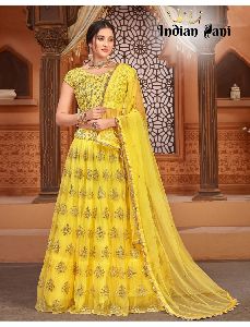 Designer Lemon Yellow Sequins Work Lehenga Choli