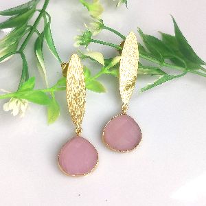 Shinned Gold-Plated Pink Stone Handmade Earring