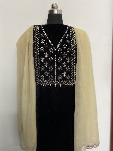 Embroidered Velvet Suit with Organza Dupatta