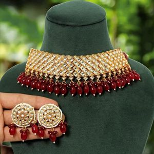 Kundan Choker Necklace Set - Maroon