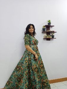 Ladies Floral Print Embroidered Sleeves Raw Silk Gown
