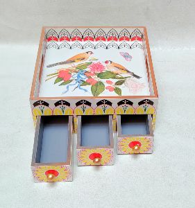 Bird Printed Tray with Multi Drawer