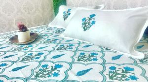 DKWTBLU151 Hand Block Printed Cotton Double Bedsheet