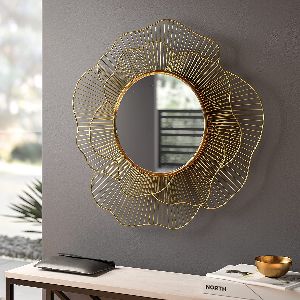 Wall Mounted Hanging Mirror Sculpture Metal Golden Rose Design