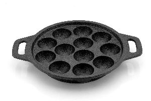 AMAR IMPEX Mini Paniyaram Pan Cast Iron Flat Bottom Tawa 10 Inches 12 Cavity, Works with Gas, Induct