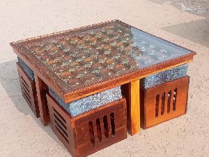 Wooden Glass Top Coffee Table Set
