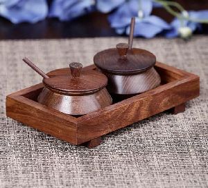 Wooden Tray with 2 Handi and Spoons