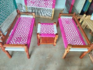 Wooden Weaving Sofa with Stool