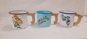 wooden handle enamel mug