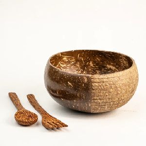 Carved Coconut Shell Bowl & Cutlery Set