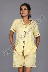 Ladies Yellow Rayon Shirt and Shorts Set
