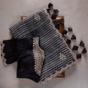 Black Grey Georgette with Sequence Crochet Work Sarees