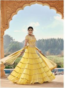 Yellow Soft Net Panelled Lehenga