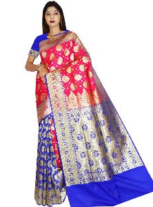 Banarasi Satin Katan Silk Gold Boota Weaved Patli Contrast Bridal Saree