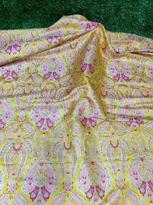 Gold Yellow Banarasi Handloom Kimkhab Silk With Multi Meena Weaved Brocade Fabric