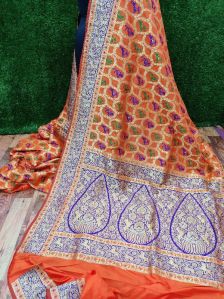 Orange Blue Banarasi Handloom Semi Katan Silk with Shikargarh Meena Weaved Saree