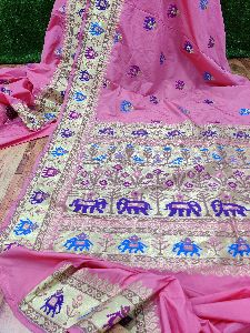 Pink Banarasi Handloom Semi Katan Silk With Elephant Meena Weaved Saree