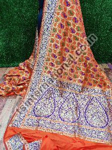 Orange Blue Banarasi Handloom Semi Katan Silk With Shikargarh Meena Weaved Saree