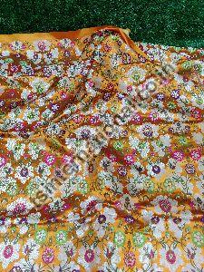 Orange Purple Banarasi Handloom Kimkhab Silk With Multi Meena Weaved Brocade Fabric