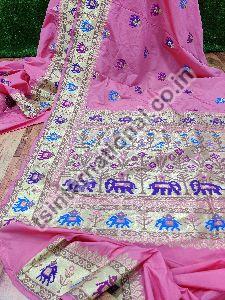 Pink Banarasi Handloom Semi Katan Silk With Elephant Meena Weaved Saree