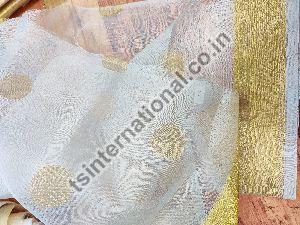 Pure Organza Silk with Both Side Reshami Gold Zari Border & Polka Weaved Dyeable Fabric