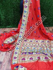 Red Banarasi Handloom Semi Katan Silk With Elephant Meena Weaved Saree