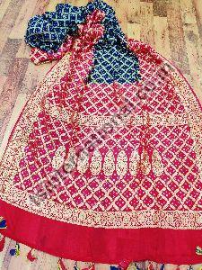Red & Navy Blue Pure Handloom Khaddi Georgette Silk With Bandhej Weaved Saree