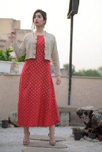 Rayon And Cotton Red A Line Dress