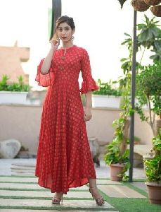 Rayon Red Flared Long Dress