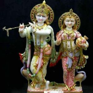 Painted Marble Radha Krishna Statue