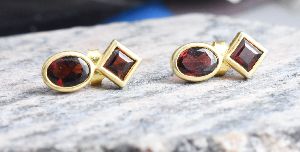 Silver Oval Square Petite Garnet Studs