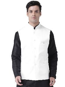 Mens White Cotton Jute Nehru Jacket