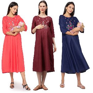 women rayon embroidered fit flare nursing dress