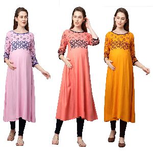 MomToBe Women's Rayon Front Panel Printed Maternity/Feeding Kurti's