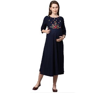 MomToBe Women's Rayon Navy Blue Maternity Dress