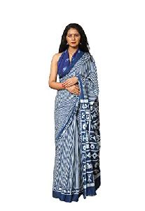 Blue Abstract Design Pure Cotton Mulmul Printed Sarees