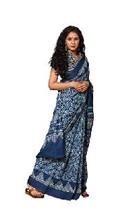 Blue Jaipuri Hand Block Print Beautiful Design Pure Cotton Mulmul Printed Sarees