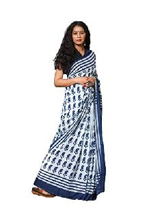Blue & White Butie Design Pure Cotton Mulmul Printed Sarees