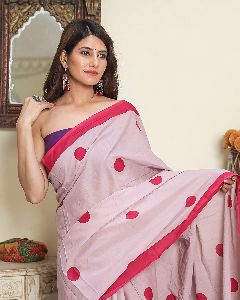 Grey & Pink Dotted Pure Cotton Mulmul Printed Sarees