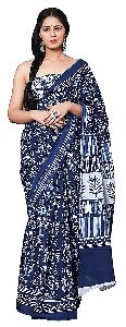 Indigo Blue & White Handloom Pure Cotton Mulmul Traditional Batik Bagru Jaipuri Ikat Printed Sarees