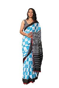 Multicolor Blue Handloom Handloom Pure Cotton Mulmul Traditional Batik Bagru Jaipuri Ikat Printed Sa