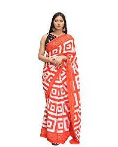 Orange Block Pure Cotton Mulmul Printed Sarees