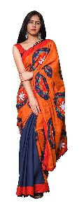 Orange with Mandana Design Big Pure Cotton Mulmul Printed Sarees