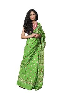 Parrot Green with Buties Pure Cotton Mulmul Printed Sarees