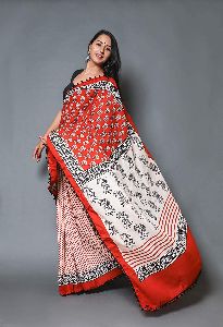 Red Pure Cotton Mulmul Printed Sarees