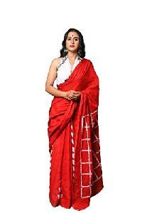 Red with White Leaves Design Pure Cotton Mulmul Printed Sarees