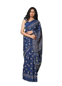 Royal Blue with Design Pure Cotton Mulmul Printed Sarees
