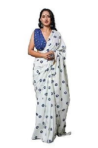 White and Blue Flower Print Pure Cotton Mulmul Printed Sarees