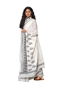 White Black with Royal Design Pure Cotton Mulmul Printed Sarees