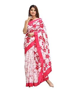 White & Pink Floral Print Pure Cotton Mulmul Printed Sarees